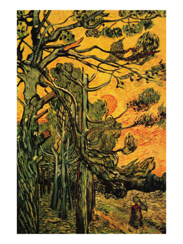 Pine Trees Against a Red Sky with Setting Sun - Van Gogh Painting On Canvas